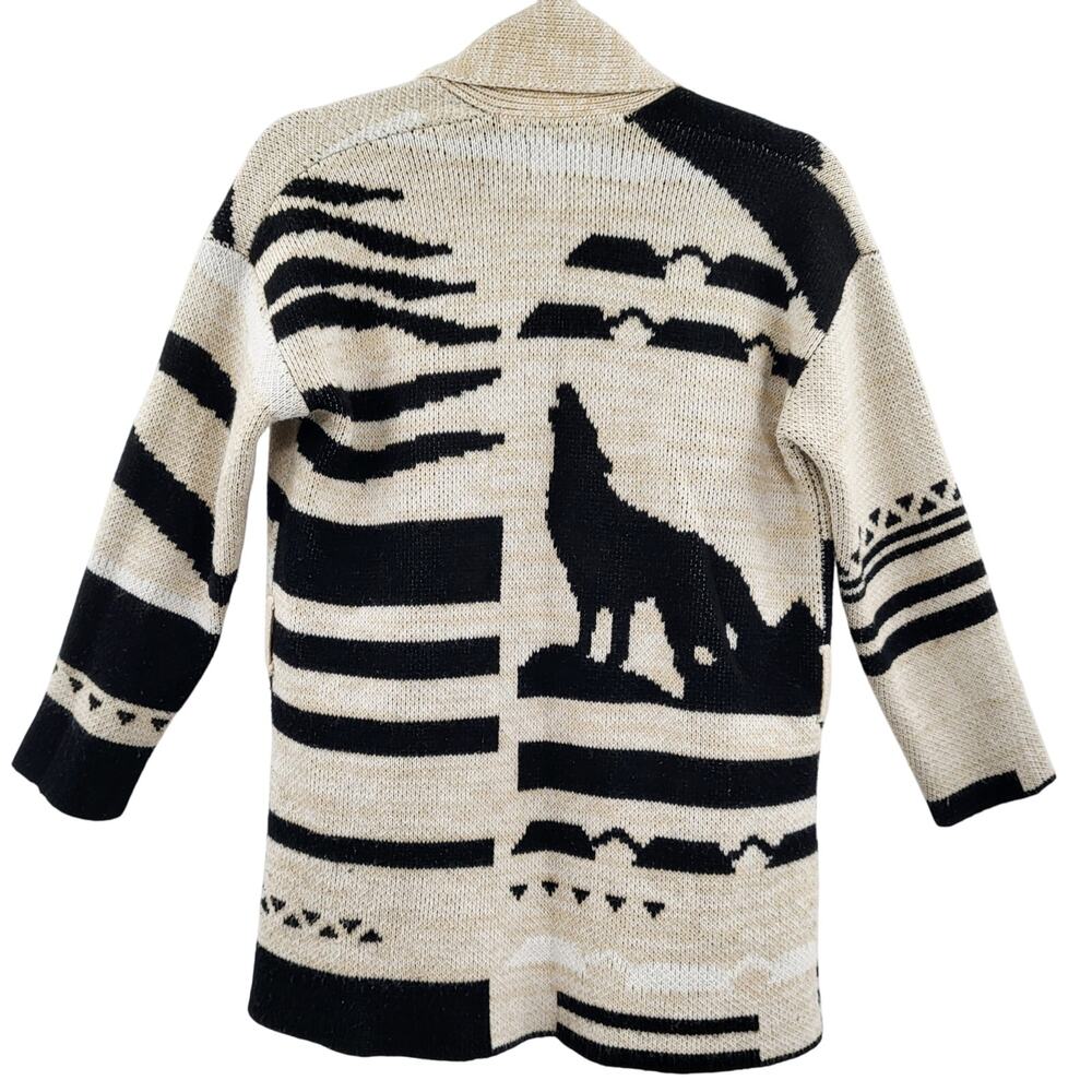 Obey Stone Beige & Black Wolf Western Print Open Front Knit Cardigan Women’s XS
